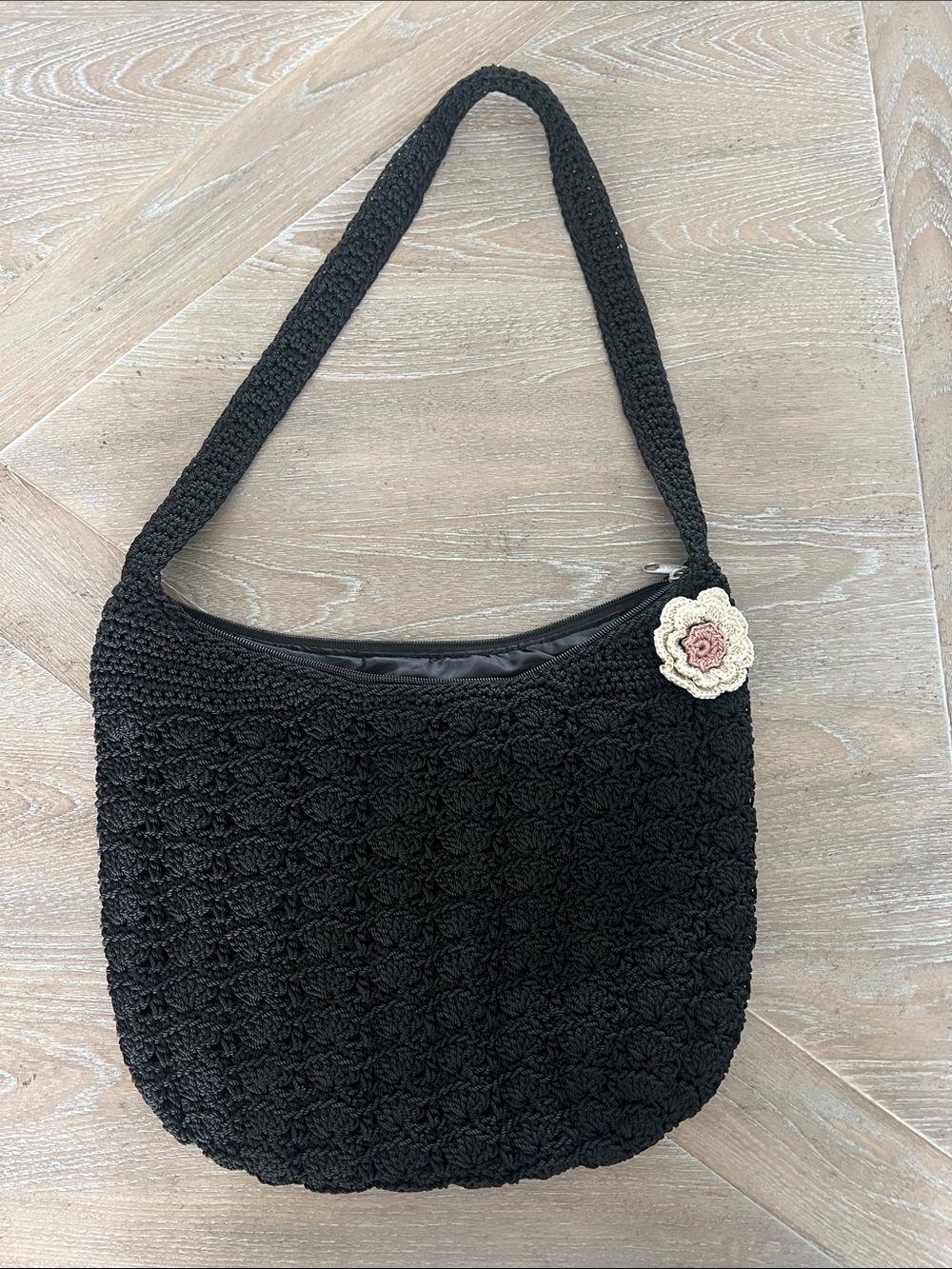 croft & barrow Black Crochet Shoulder Bag with Cream and Pink Flower